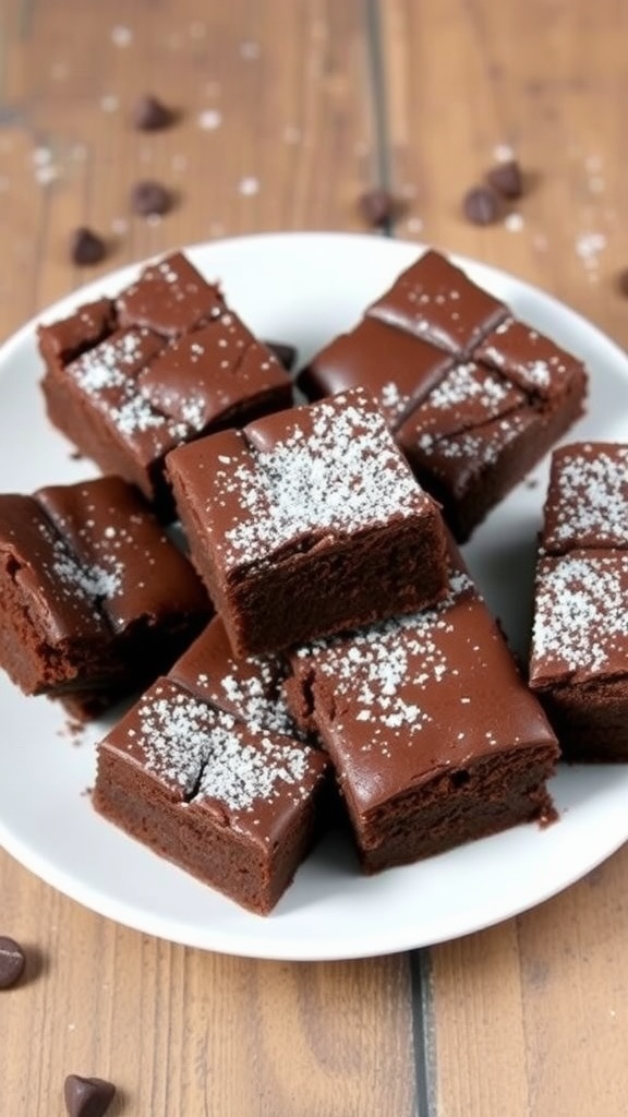 A plate of fudgy brownies with powdered sugar on a rustic wooden table.